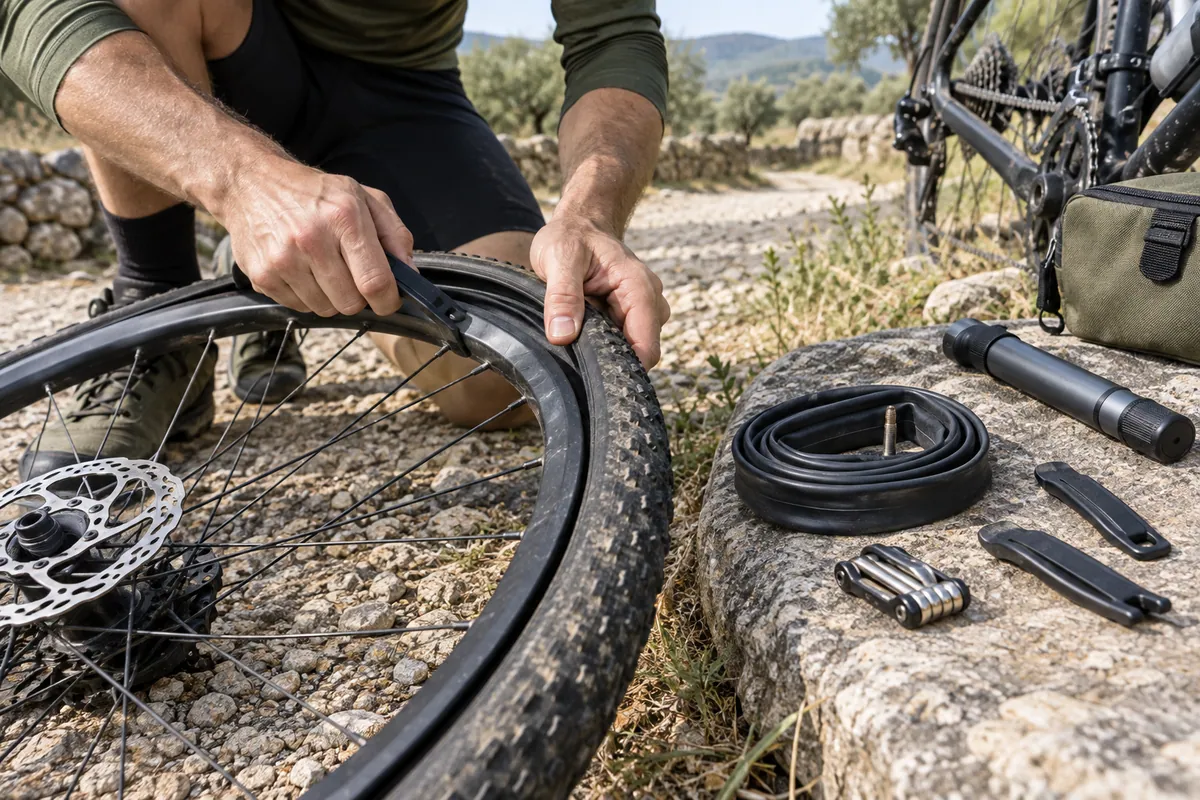 Ciclista reparando un pinchazo durante una ruta